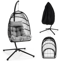 Patio Hanging Egg Chair with Stand Waterproof Cover and Folding Basket