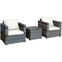 3 Pieces Patio Rattan Furniture Bistro Sofa Set with Cushioned