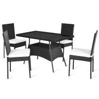 5 Pieces Outdoor Patio Rattan Dining Set with Glass Top with Cushions