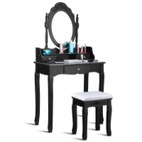 Vanity Table Set with Cushioned Stool with 360° Rotating Oval Mirror and Three Drawers