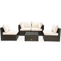 5 Pieces Cushioned Patio Rattan Furniture Set with Glass Table