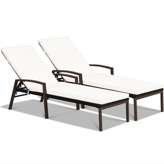 2 Pieces Patio Rattan Adjustable Back Lounge Chair with Armrest and Removable Cushions-White