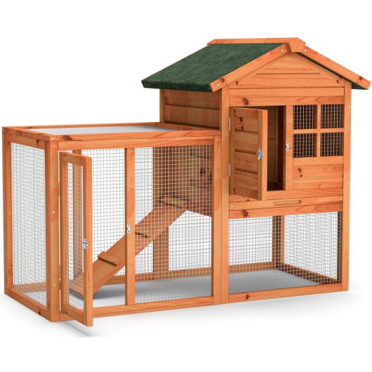 2-Story Wooden Rabbit Hutch with Running Area-Natural
