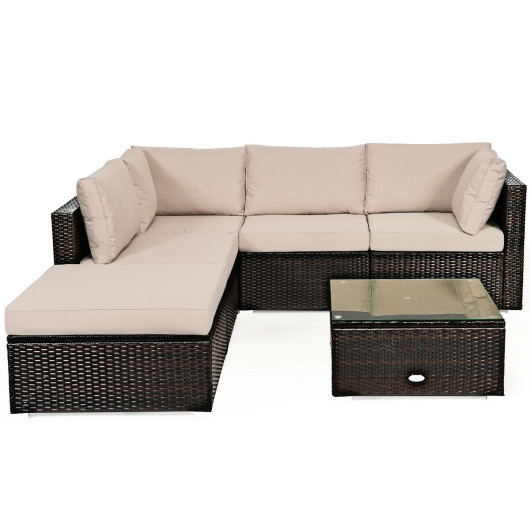 6 Pieces Outdoor Patio Rattan Furniture Set Sofa Ottoman