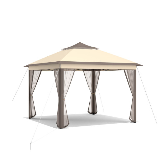 11 x 11 Feet 2-Tier Pop-Up Gazebo Tent Portable Canopy Shelter Carry Bag Mesh-Brown