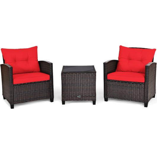 3 Pcs Patio Rattan Furniture Set Cushioned Conversation Set Coffee Table-Red