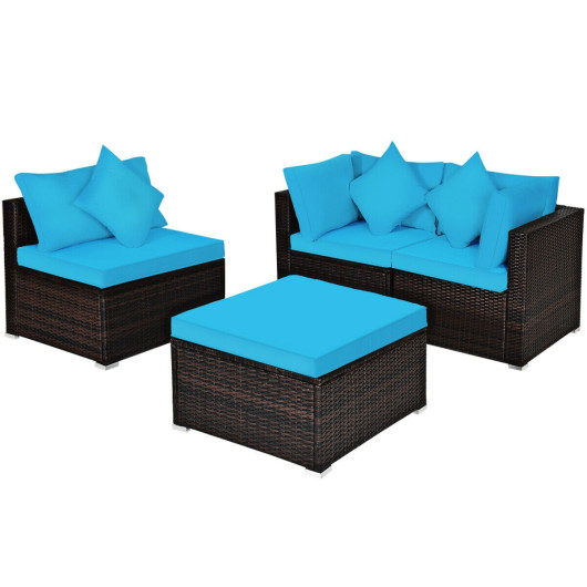 4 Pcs Ottoman Garden Deck Patio Rattan Wicker Furniture Set Cushioned Sofa-Turquoise