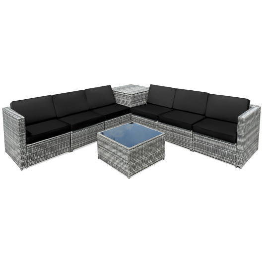 8 Piece Wicker Sofa Rattan Dinning Set Patio Furniture with Storage Table-Black