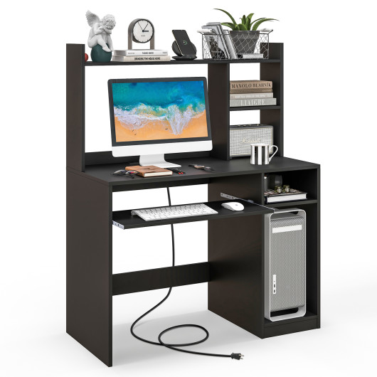 Home Office Computer Desk with Bookcase Keyboard Tray and CPU Stand-Black
