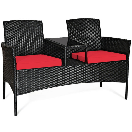 Wicker Patio Conversation Furniture Set with Removable Cushions and Table-Red