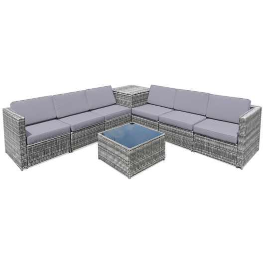 8 Pieces Wicker Sofa Rattan Dining Set Patio Furniture with Storage Table-Gray