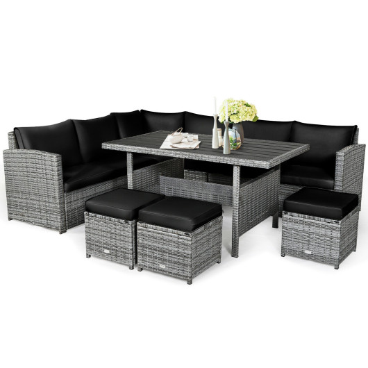 7 Pieces Patio Rattan Dining Furniture Sectional Sofa Set with Wicker Ottoman-Black