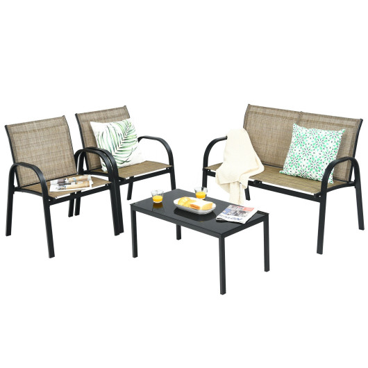 4 Pieces Patio Furniture Set with Glass Top Coffee Table-Brown