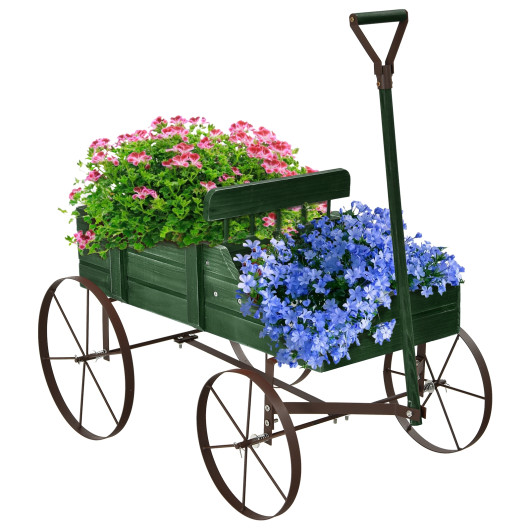 Wooden Wagon Plant Bed With Wheel for Garden Yard-Green