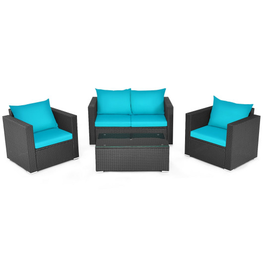4Pcs Patio Rattan Cushioned Furniture Set-Turquoise
