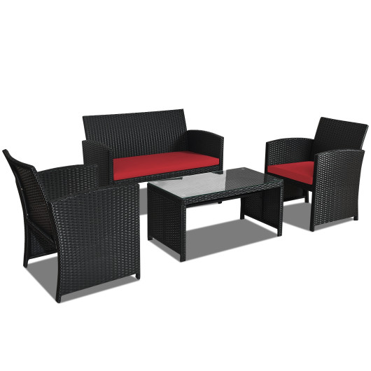 4 Pieces Rattan Patio Furniture Set with Weather Resistant Cushions and Tempered Glass Tabletop-Red