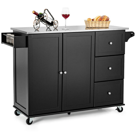 Kitchen Island 2-Door Storage Cabinet with Drawers and Stainless Steel Top-Black