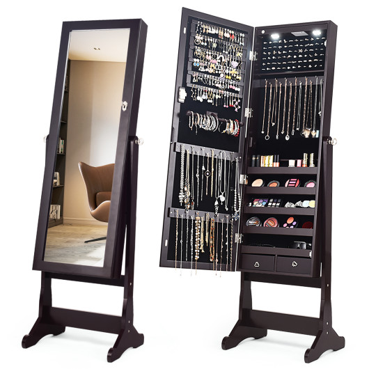 Lockable Mirrored Jewelry Cabinet with Stand and Led Lights-Brown