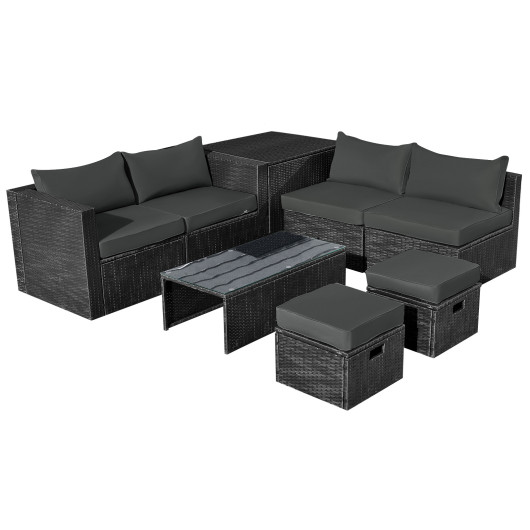 8 Pieces Patio Rattan Storage Table Furniture Set-Gray