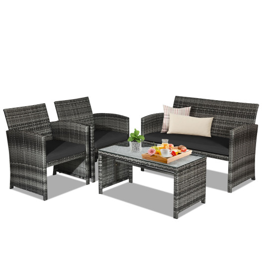 4 Pieces Patio Rattan Furniture Set with Glass Table and Loveseat-Black