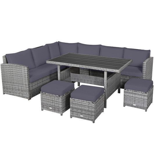 7 Pieces Patio Rattan Dining Furniture Sectional Sofa Set with Wicker Ottoman-Gray