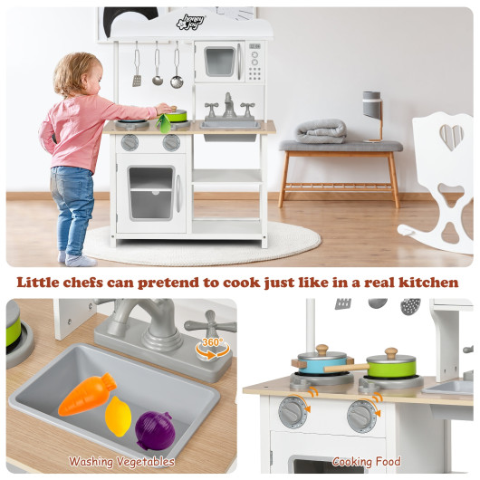 Wooden Pretend Play Kitchen Set for Kids with Accessories and Sink - Costway