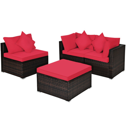 4 Pcs Ottoman Garden Deck Patio Rattan Wicker Furniture Set Cushioned Sofa-Red