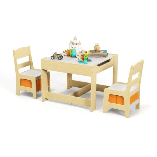 Kids Table Chairs Set With Storage Boxes Blackboard Whiteboard Drawing-Natural