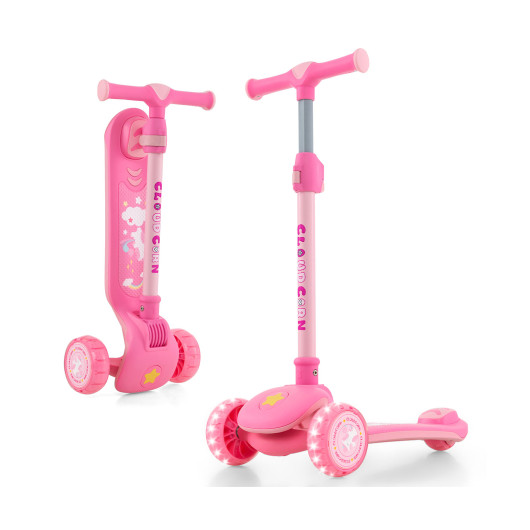 Folding Kids Scooter with Extra Wide Deck and LED Lighted PU Wheels-Pink