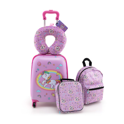 5 Piece Kids Luggage Set with Backpack, Neck Pillow, Name Tag, Lunch Bag-Hot Pink