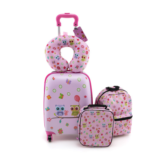 5 Piece Kids Luggage Set with Backpack, Neck Pillow, Name Tag, Lunch Bag-Pink