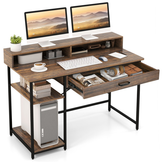 48 Inch Computer Desk with Monitor Stand Drawer and Shelves-Rustic Brown
