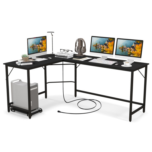 L-Shaped Computer Desk with CPU Stand Power Outlets and USB Ports-Black