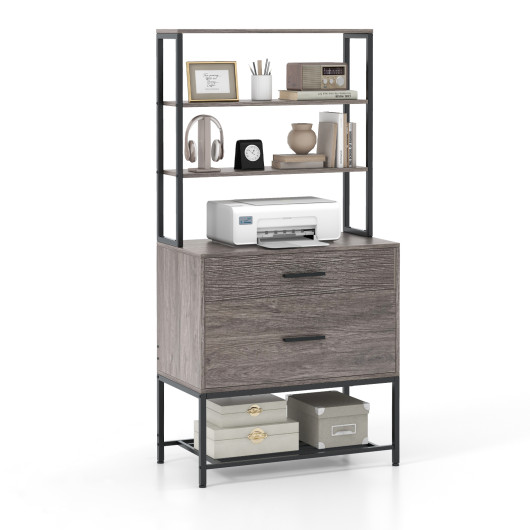 Freestanding File Cabinet with Charging Station and 3-Tier Open Shelves-Gray