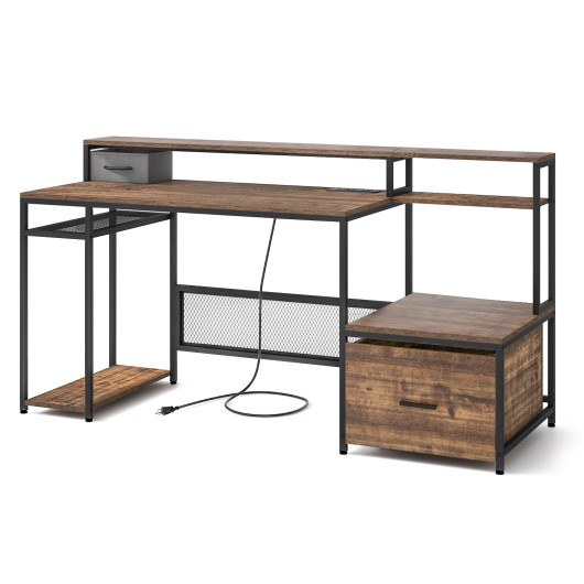 67 Inch Computer Desk with Monitor Stand & File Drawer-Rustic Brown