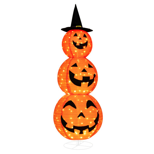 Light Up Triple Stacked Halloween Pumpkin Decoration with Hat