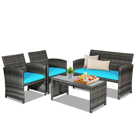 4 Pieces Patio Rattan Furniture Set with Cushions-Turquoise