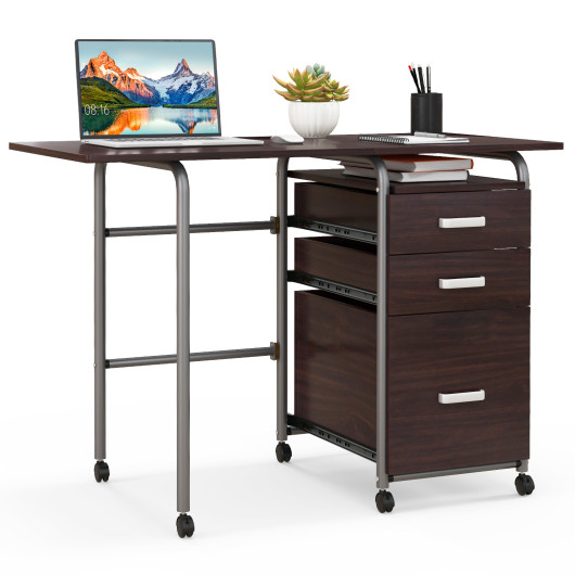 Folding Computer Laptop Desk Wheeled Home Office Furniture-Brown
