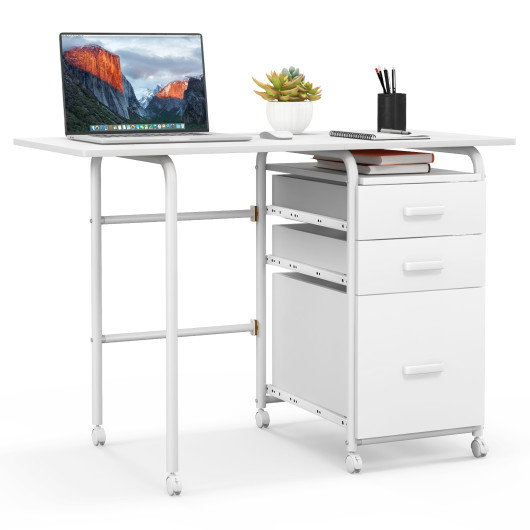 Home Office Folding Computer Laptop Desk Wheeled with 3 Drawers-White