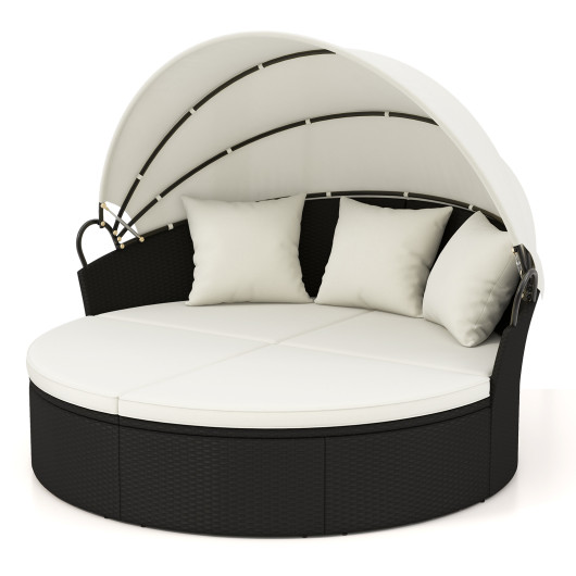 Clamshell Patio Round Daybed Wicker with Retractable Canopy and Pillows-Off White
