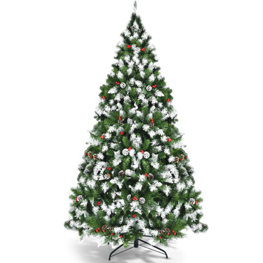 Pre-lit Snow Flocked Christmas Tree with Red Berries and LED Lights-6 ft