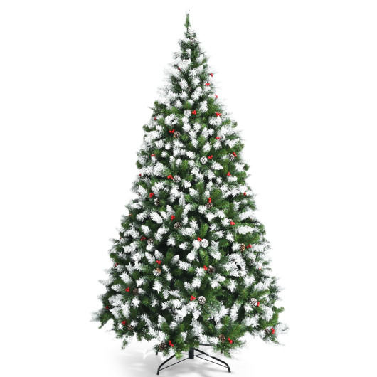 Pre-lit Snow Flocked Christmas Tree with Red Berries and LED Lights-7.5 ft