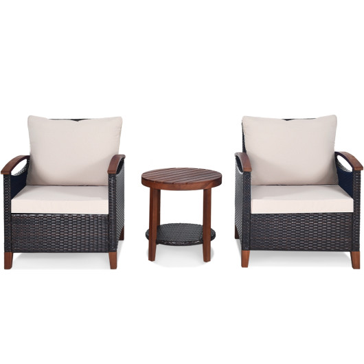 3 Pieces Patio Rattan Furniture Set with Washable Cushion and Acacia Wood Tabletop-Beige