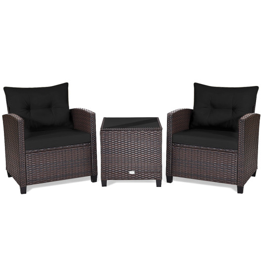 3 Pcs Patio Rattan Furniture Set Cushioned Conversation Set Coffee Table -Black