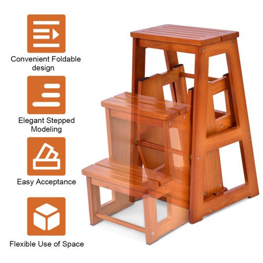 Folding Multi-functional 3-tier Ladder Wood Step Stool - Costway