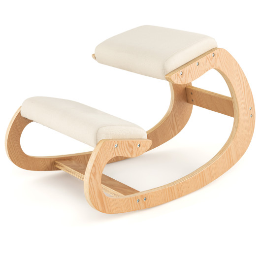 Wooden Rocking Chair with Comfortable Padded Seat Cushion and Knee Support-Beige