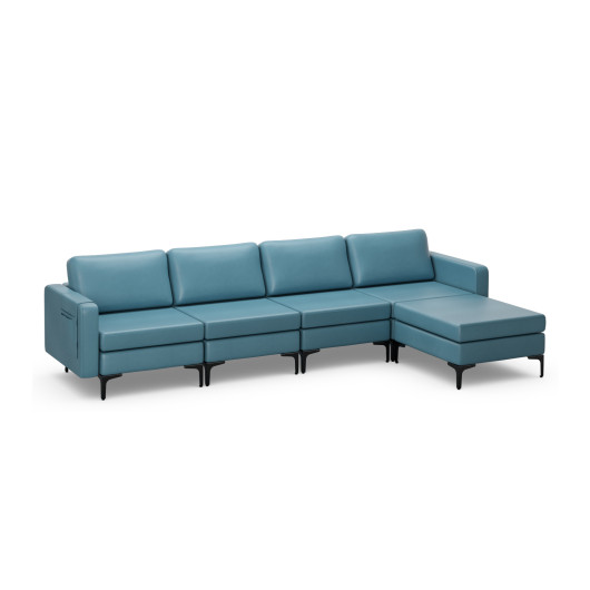 Modular L-shaped Sectional Sofa with Reversible Ottoman and 2 USB Ports-Blue