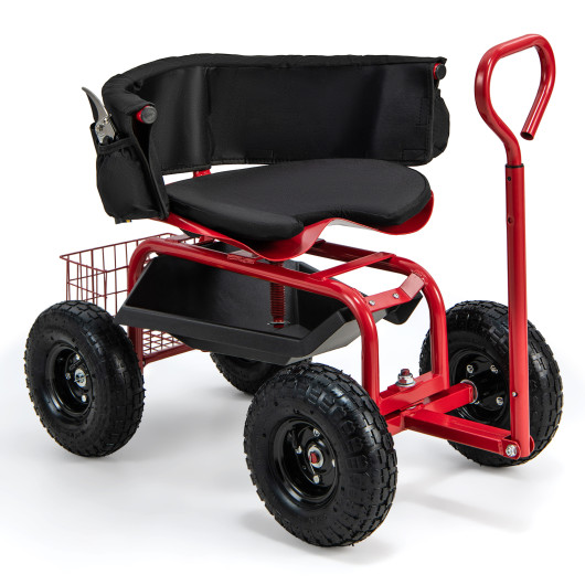Cushioned Rolling Garden Cart Scooter with Storage Basket and Tool Pouch-Black & Red