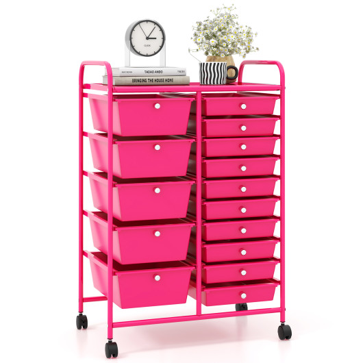 15-Drawer Utility Rolling Organizer Cart Multi Use Storage-Pink