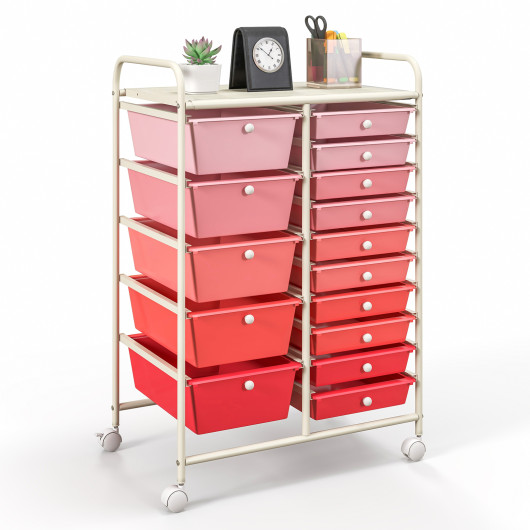 15-Drawer Utility Rolling Organizer Cart Multi-Use Storage-Gradient Pink
